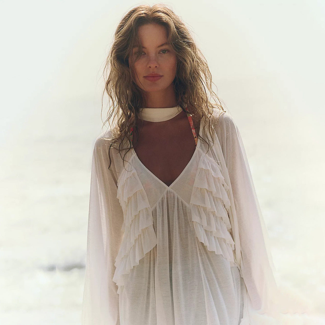 Solid-color Sexy Chiffon Sheer Beach Cover-up