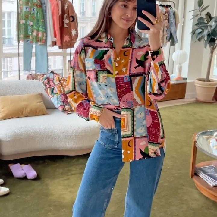 Fashionable All-match Printed Casual Cardigan Lapel Single Breasted Shirt