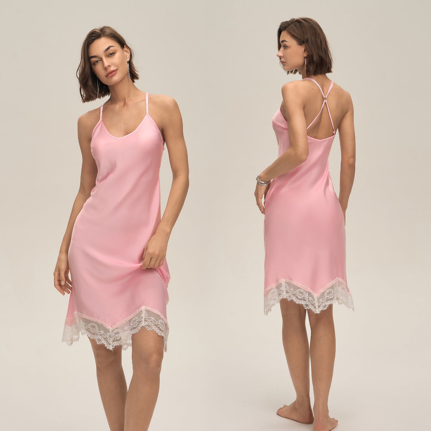 Solid-color Satin Patchwork Lace Backless Camisole Pajamas