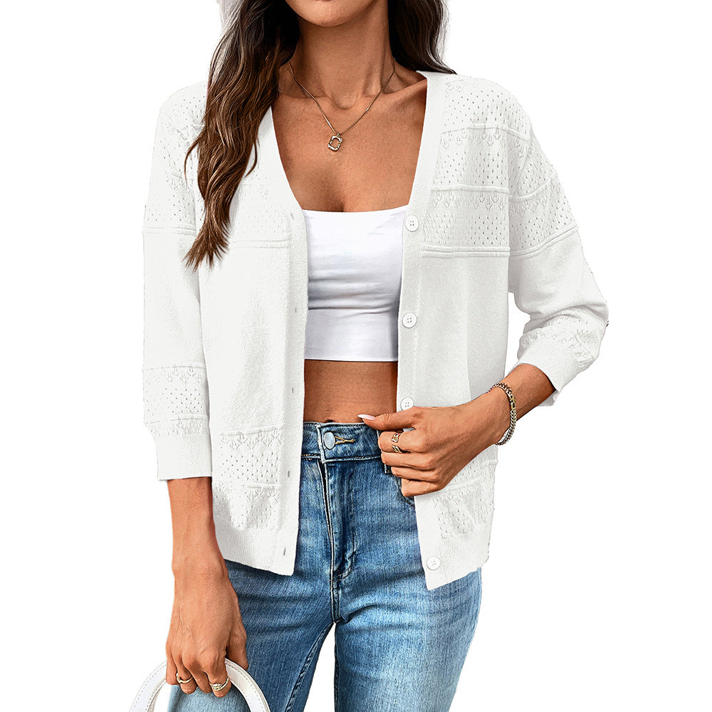 Women's Thin Cape 34 Sleeve Hollow-out Knitted V-neck Cardigan