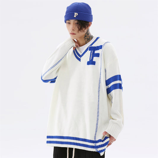 Colorblock strikket pullover med broderet V-hals og personlighed til mænd