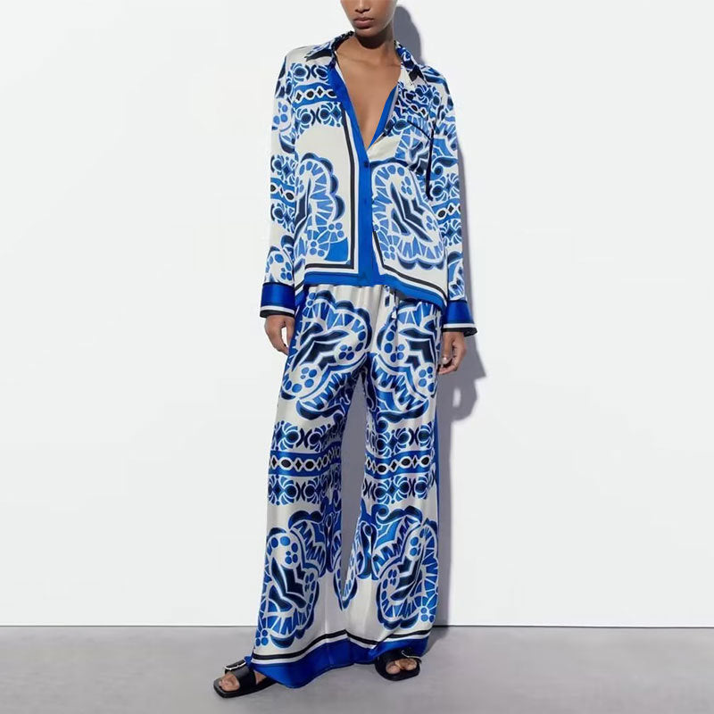 Womens Fashion Printed Color-block Top And Pants Set