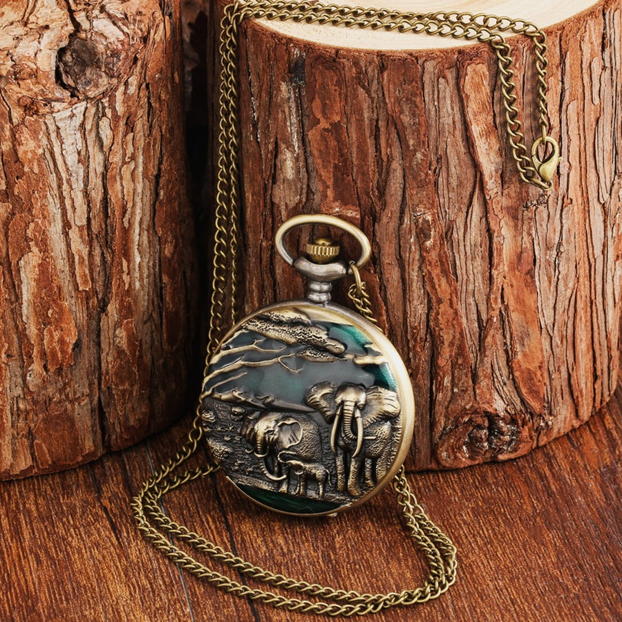 Elephant Pattern Quartz Pocket Retro Flip Casual Pocket Watch