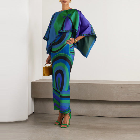 Irregular Print Shawl Dress Two-Piece Set