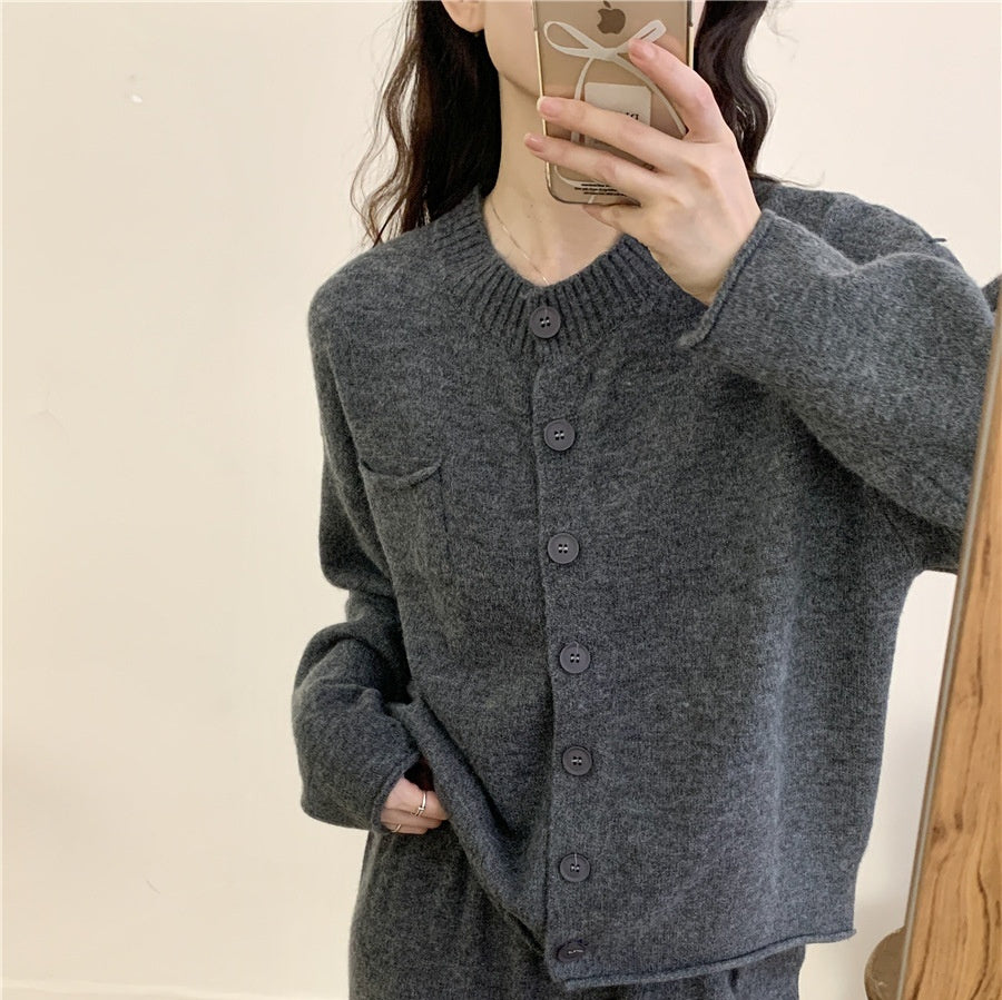 Knitting Suit Women's Loose Round Neck Cardigan Sweater Wide Leg Pants All-matching