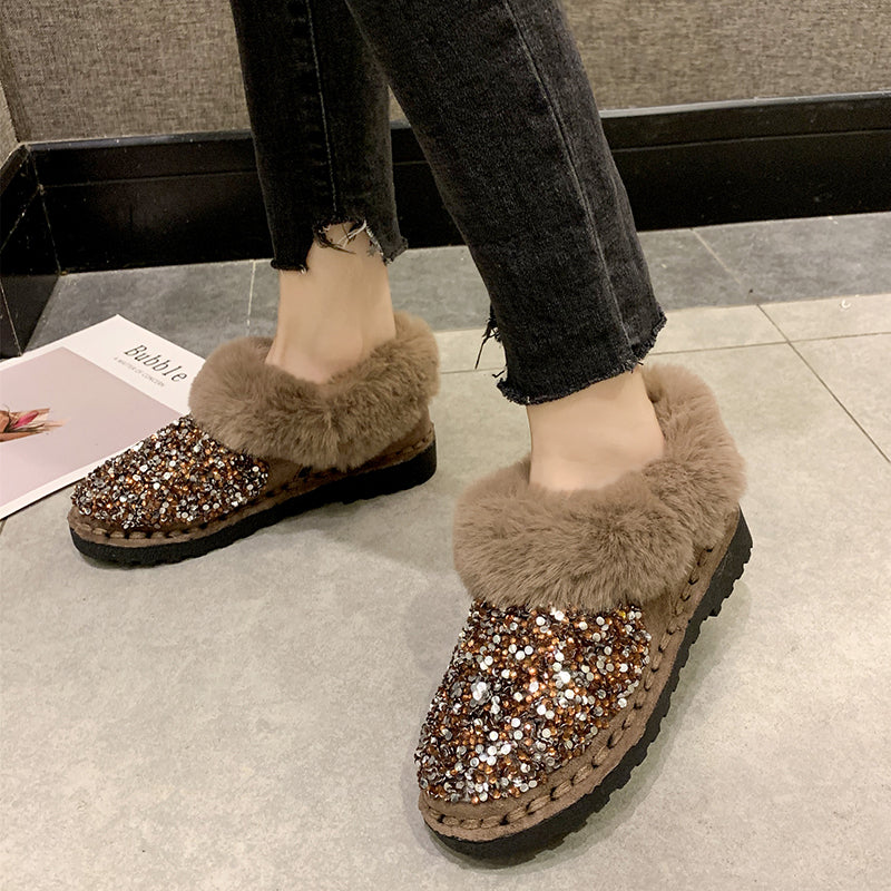 Fashion All-match Soft-soled Sequined Snow Boots Women's Fur In One