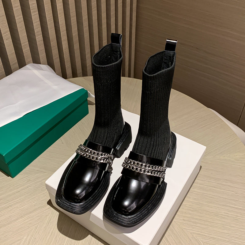 Women's Shoes Leather Knitted Stitching Thin Mid-tube Elastic Socks