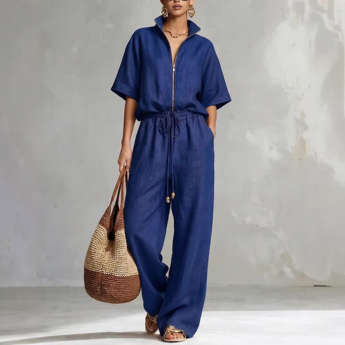 Womens Casual Loose Solid-Color Zip-Up Crew-Neck Wide-Leg Pants Set