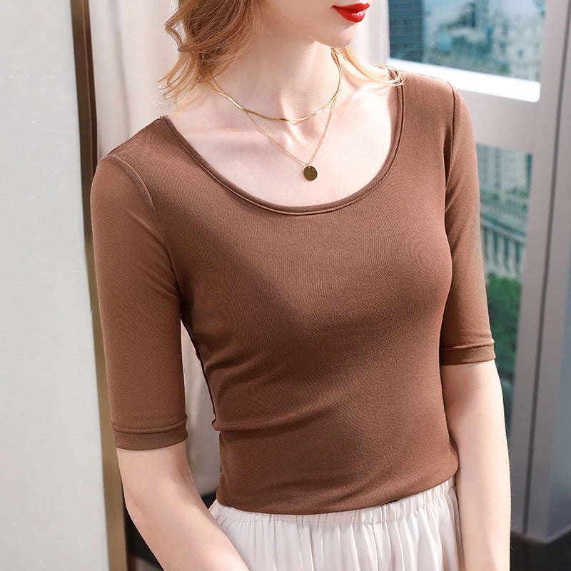 Elegant Langærmet Mesh T-shirt til Kvinder Ensfarvet Taljestretch Top