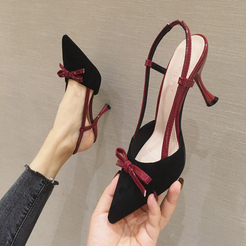 Korean Version Of The Back Empty High Heels Scrub Suede Bow Stiletto Women's Shoes