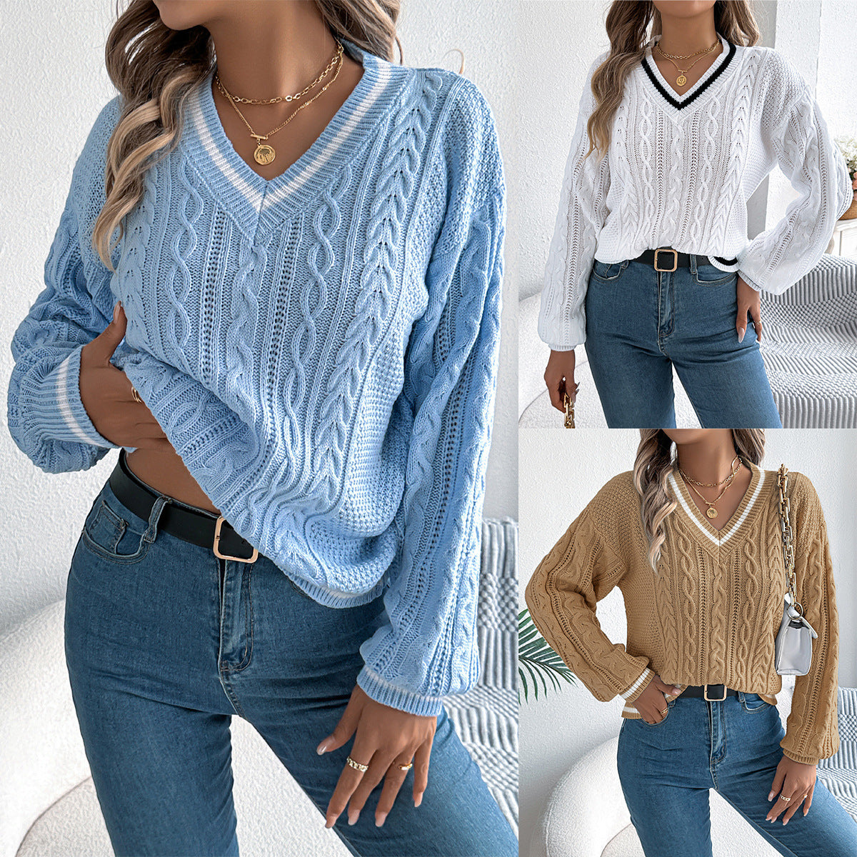 Color-block V Neck Twist Lantern Long Sleeve Sweater