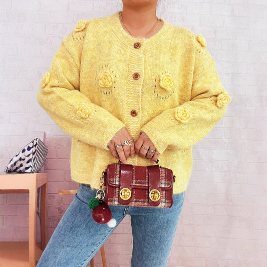 Three-dimensional Flower Cutout Knitted Coat Round Neck Cute Sweater