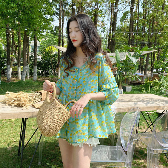 Doll-krave Top Sommer Nyhed Løstsiddende Vintage Bluse med Pufærmer