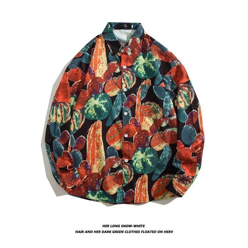 Men's Loose Hong Kong Style Retro Long Sleeve Printed Shirt