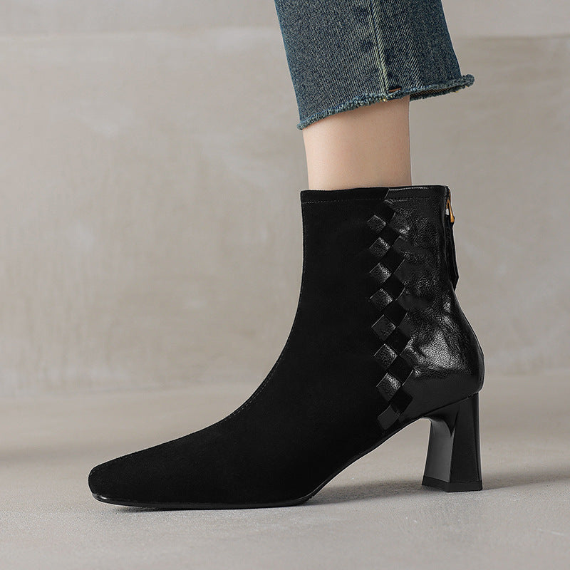 Womens Korean-style Square-toe Leather Chunky-heel Patchwork Ankle Boots