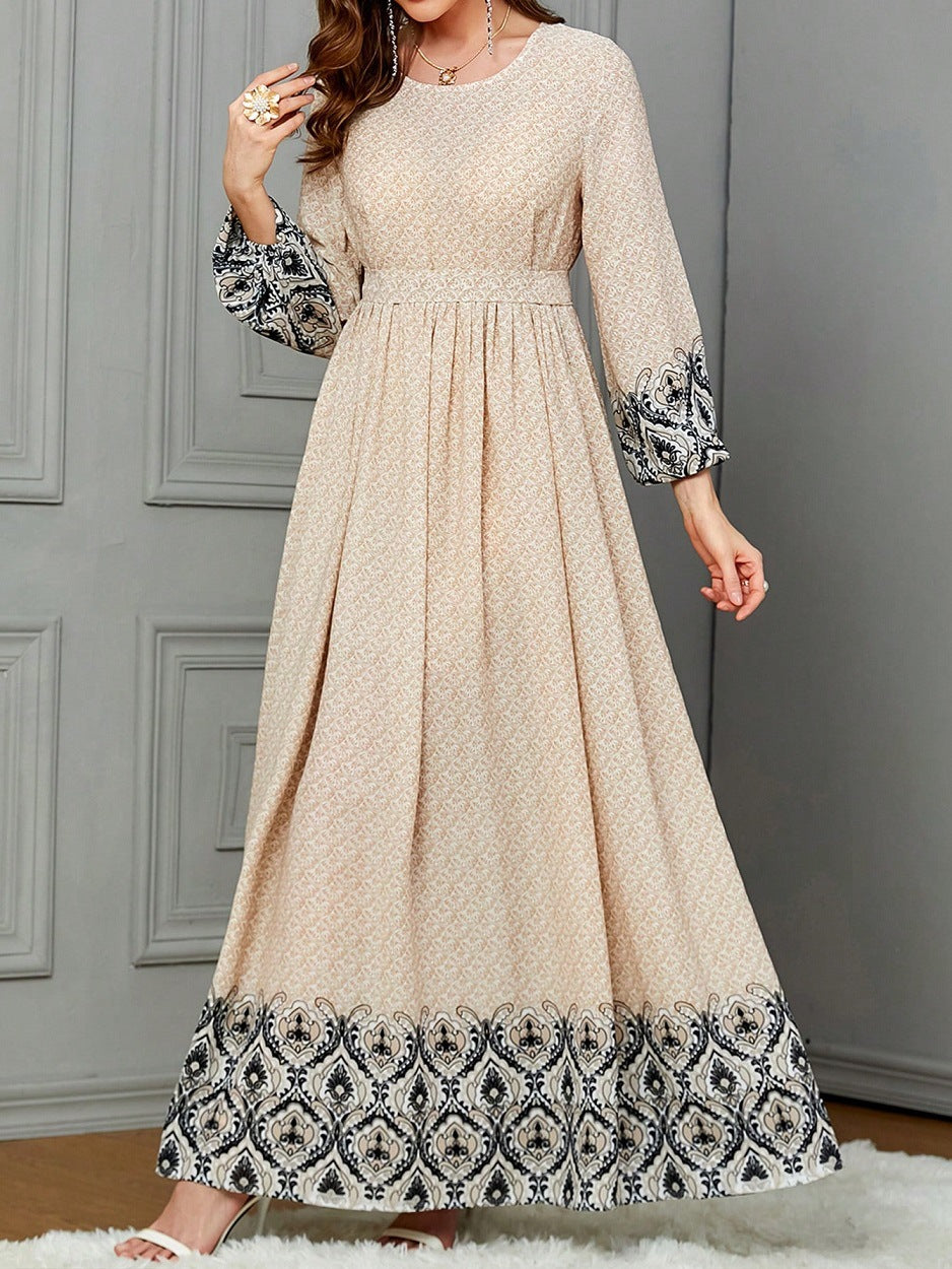 Ethnic-style Printed Wrap Dress Featuring A Cinched Waist Belt And A Flared, Long Skirt