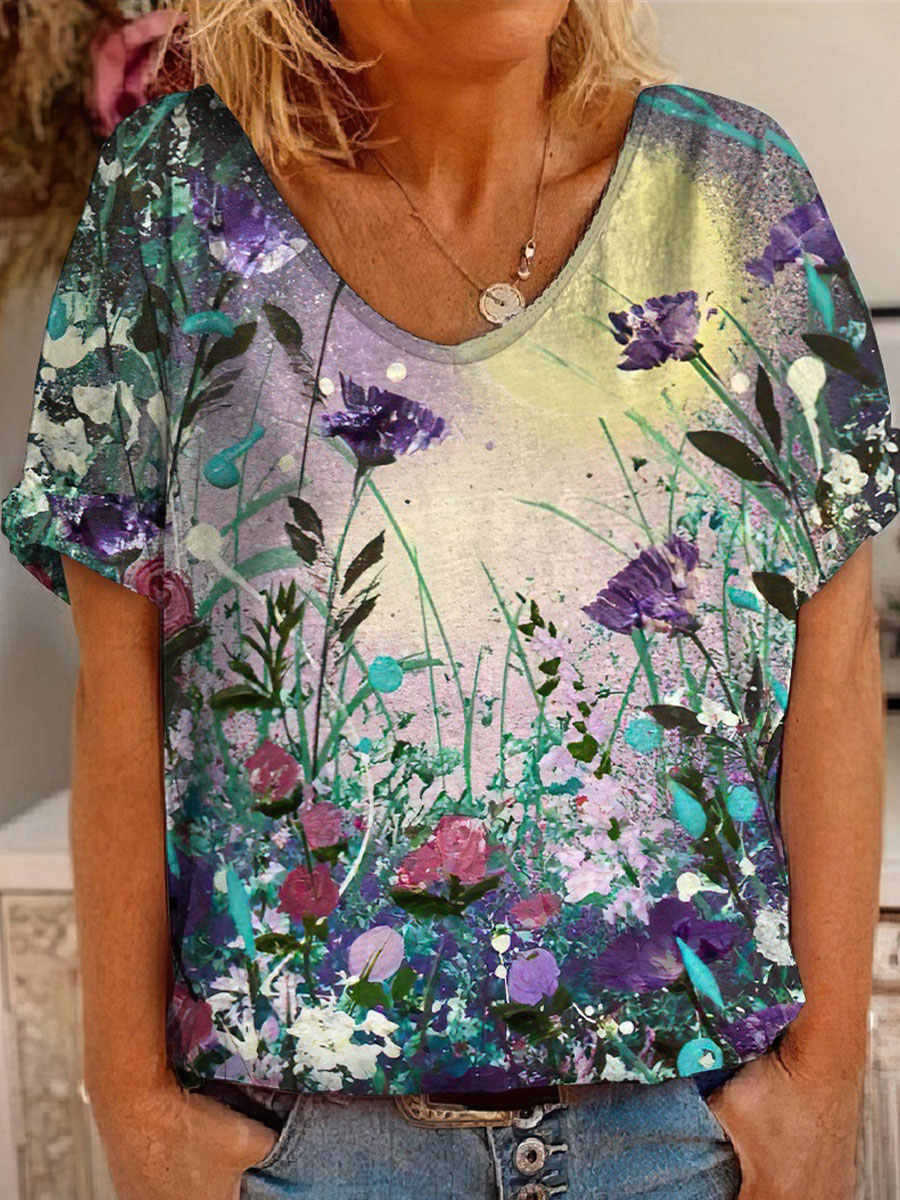 Women's Summer Casual Color Loose Sports Style 3D Printed Short Sleeve V-neck T-shirt