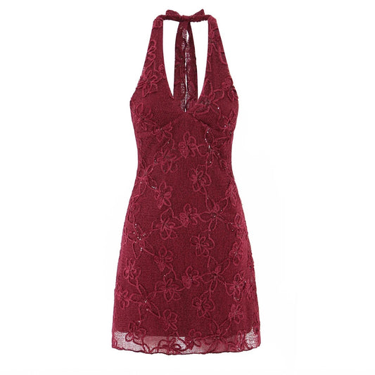 Backless Mesh Flocked Sequin Slip Dress