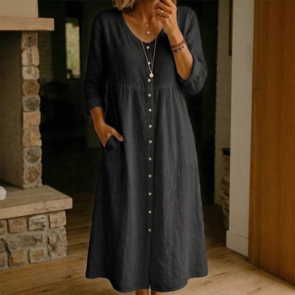 Fashionable Casual Loose Long-Sleeve Cotton-Linen Button-Up Womens Long Dress