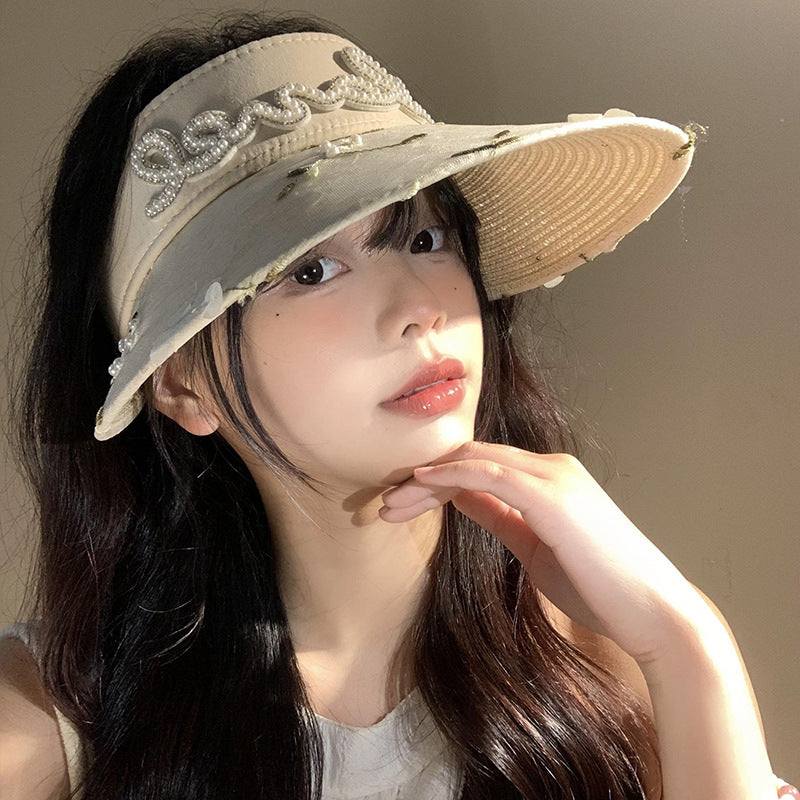 Lace Flower Pearl Visor Straw Hat Female Summer