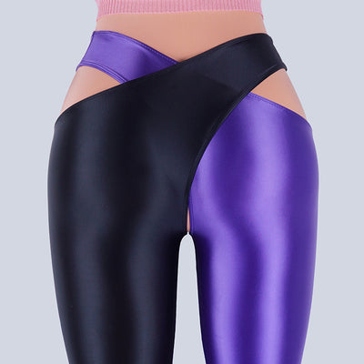 Glossy Leggings Patchwork Color Cross Open Crotch Pants