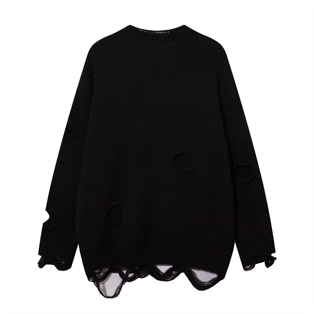European And American Lazy Crocheted Ripped Round Neck Sweater Sweater