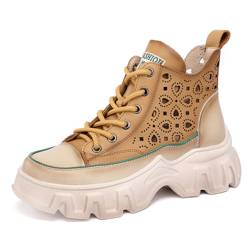 Hollow Single Toe Layer Leather Lace-up Ankle Boots