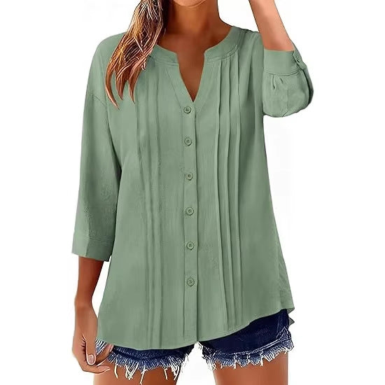 Pleated Casual Solid-Color Loose Cotton-Linen Shirt