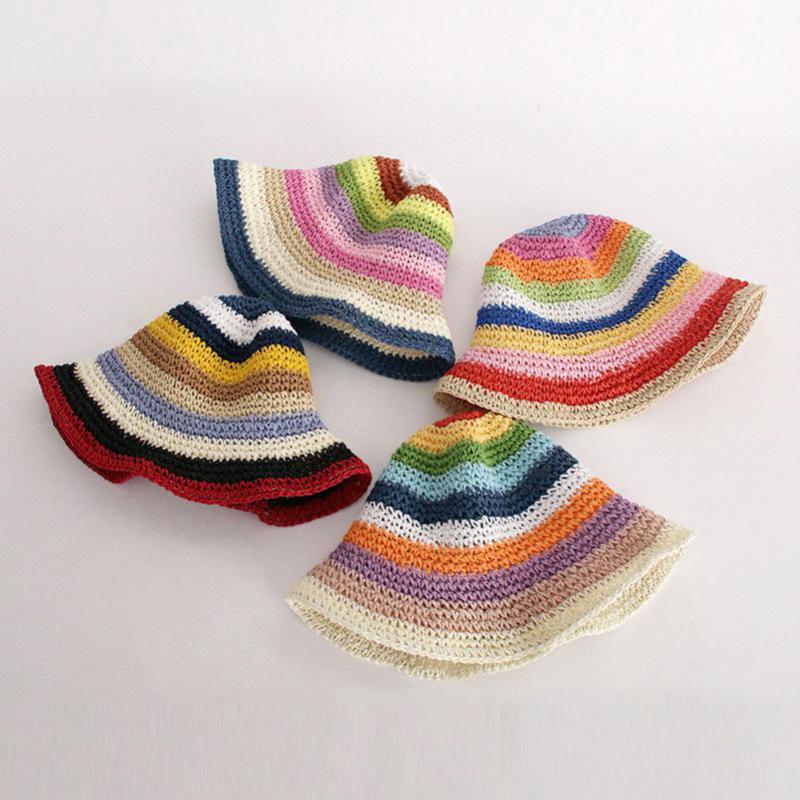 Women's Sun Protection Shade Straw Striped Fisherman Hat