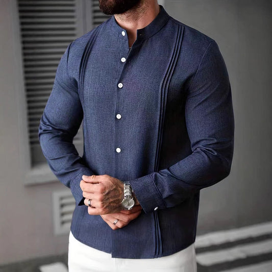 Mens Solid Color Stand Collar Single-Breasted Long-Sleeve Shirt