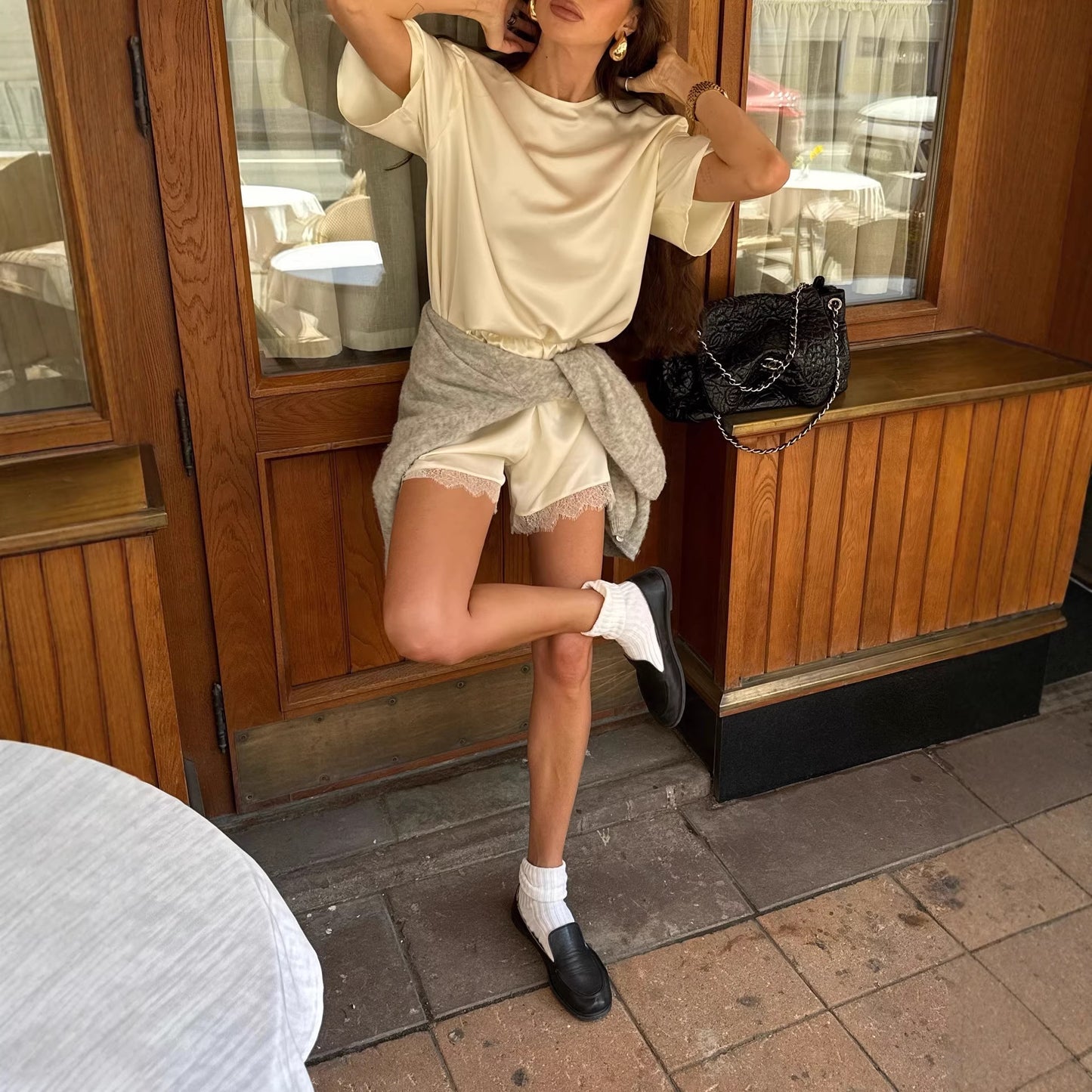 Women's Pullover Short-Sleeve T-Shirt Lace-Patchwork Shorts Set European And American Style