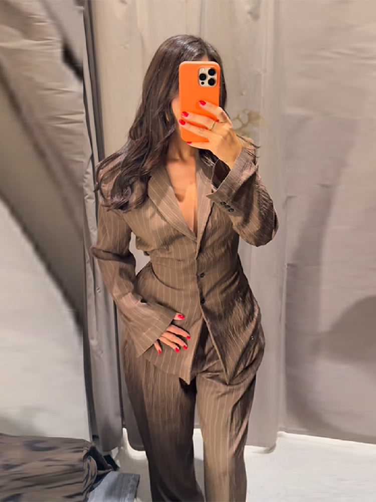V-neck Temperament Waist-controlled Lace-up Striped Suit Jacket Trousers Suit