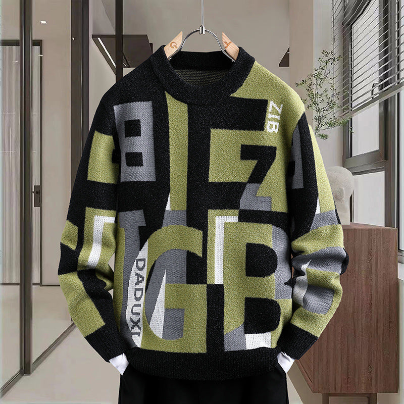 Mænds Brev Jacquard Rund Hals Løs Casual Sweater