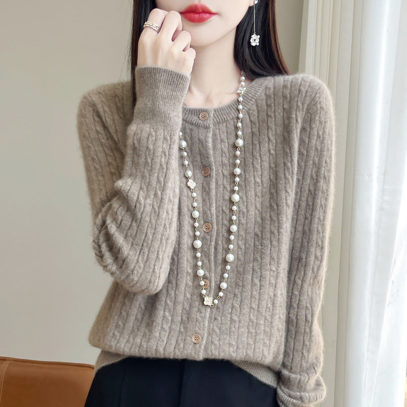 Women's Round Neck Wool Cardigan Twisted Wool Sweater