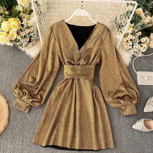 New Spring Summer V-neck Lantern-Sleeve Gold Metallic Sheer Waist-Cinched Dress