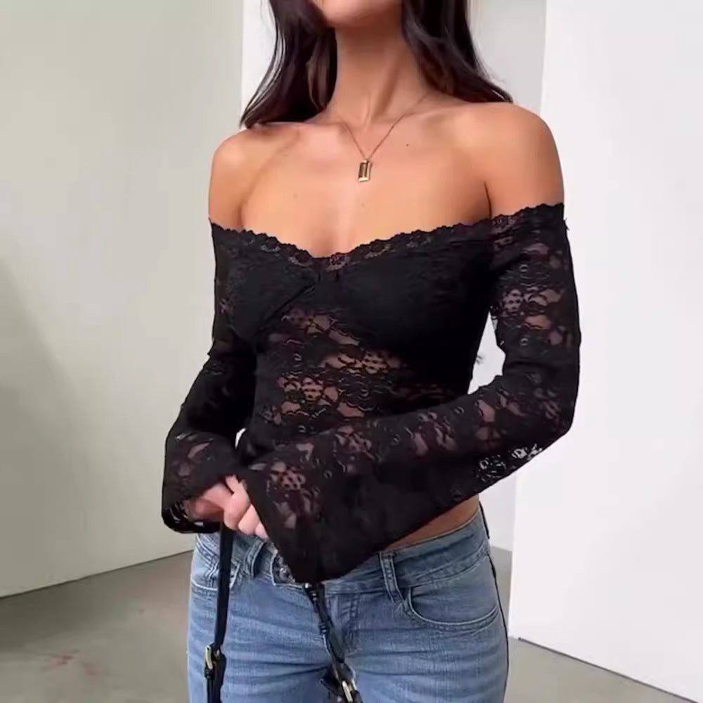 Womens Stylish And Sexy Off-shoulder Long-sleeve Lace Top