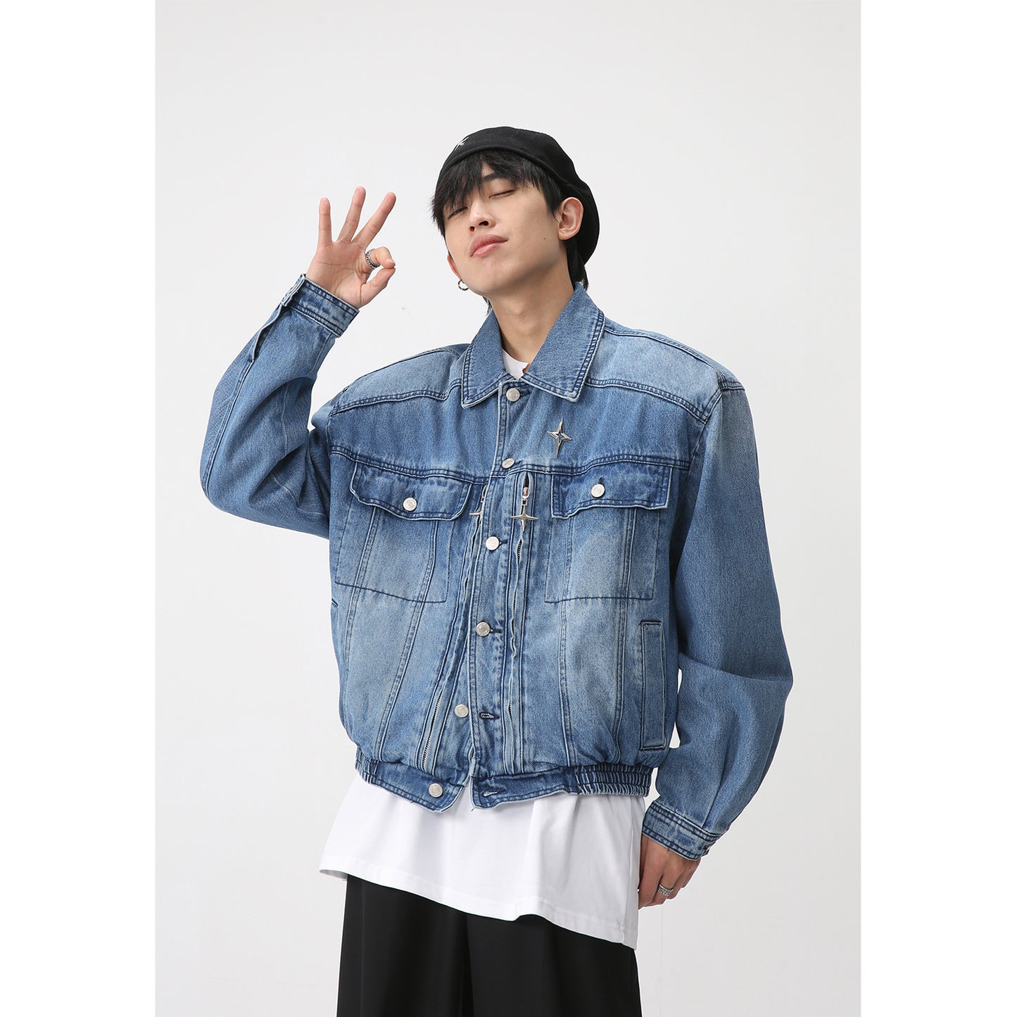 Spring Padded Shoulder Loose Waist Elastic Design Denim Jacket