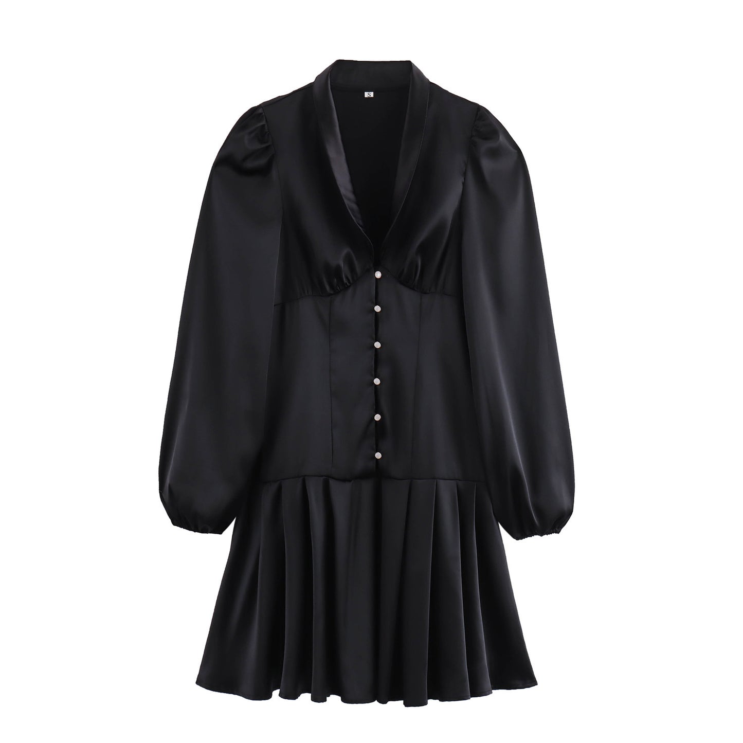 Sweet Satin Dress V-neck Fitted Waist Pleated Skirt
