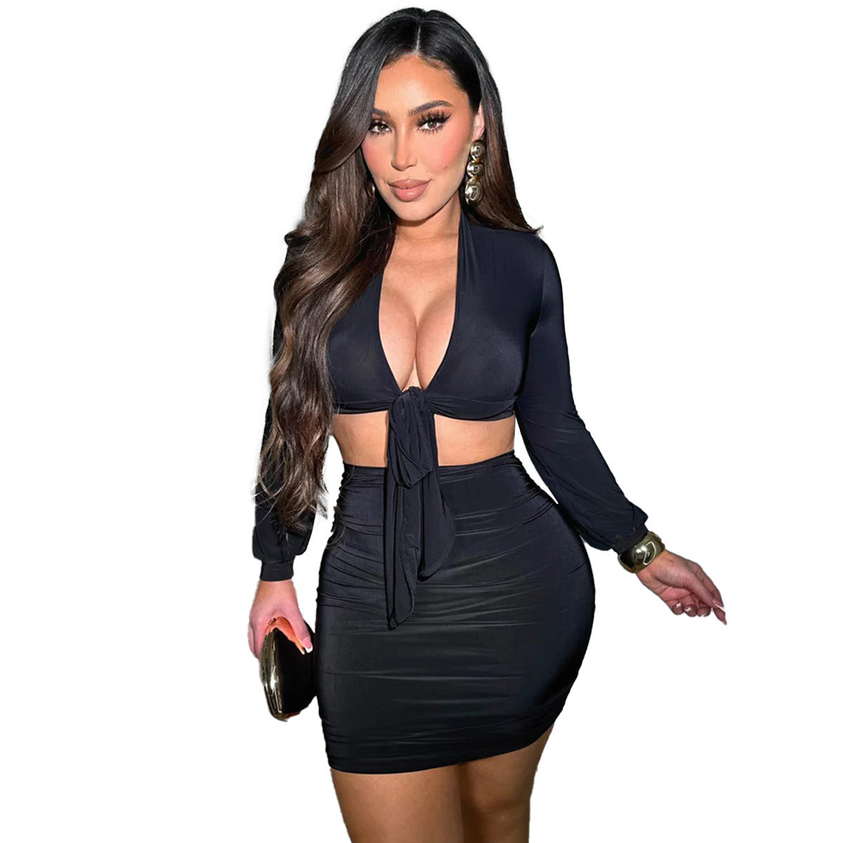 Feminine Long-sleeve Top And Sheath Skirt Short Skirt Two-piece Set