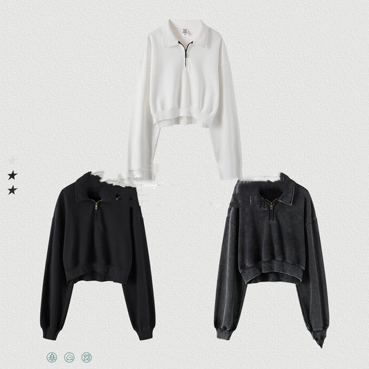 Vintage Washable Lapel Half Zip Short Sweater For Women