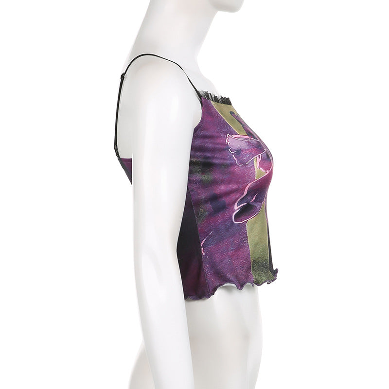 Vintage Printed Suspender With Lace Underneath Tank Top