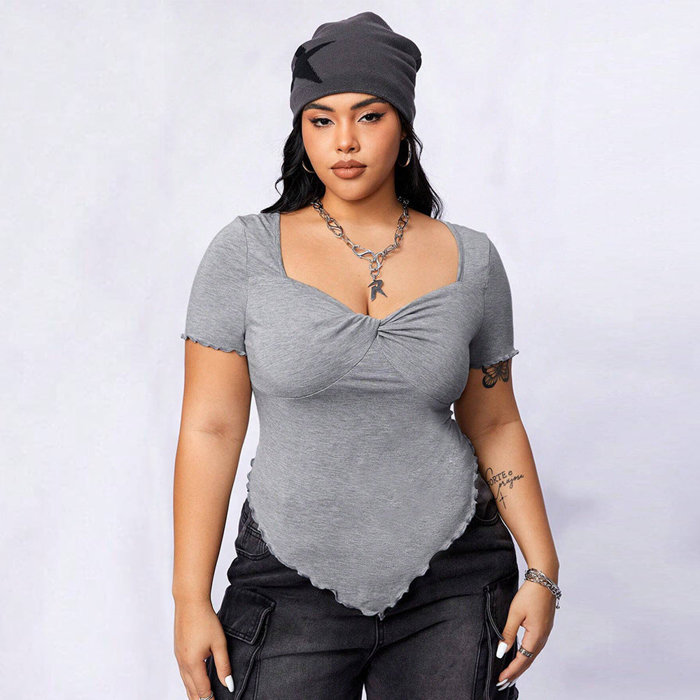 Square Neck Slim-fit Irregular Knit Short-sleeve T-shirt