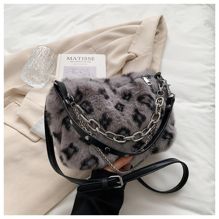 Leopard Pattern Plush Chain Stick Bag Casual