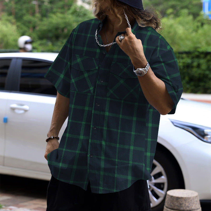 Trendy Checkered Patchwork Button-up Casual Sport Short Sleeve Shirt