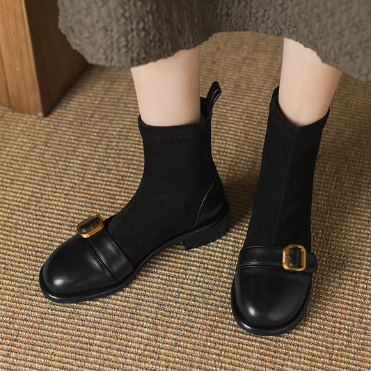 Casual Low Heel Martin Boots Belt Buckle Stitching Short Boots