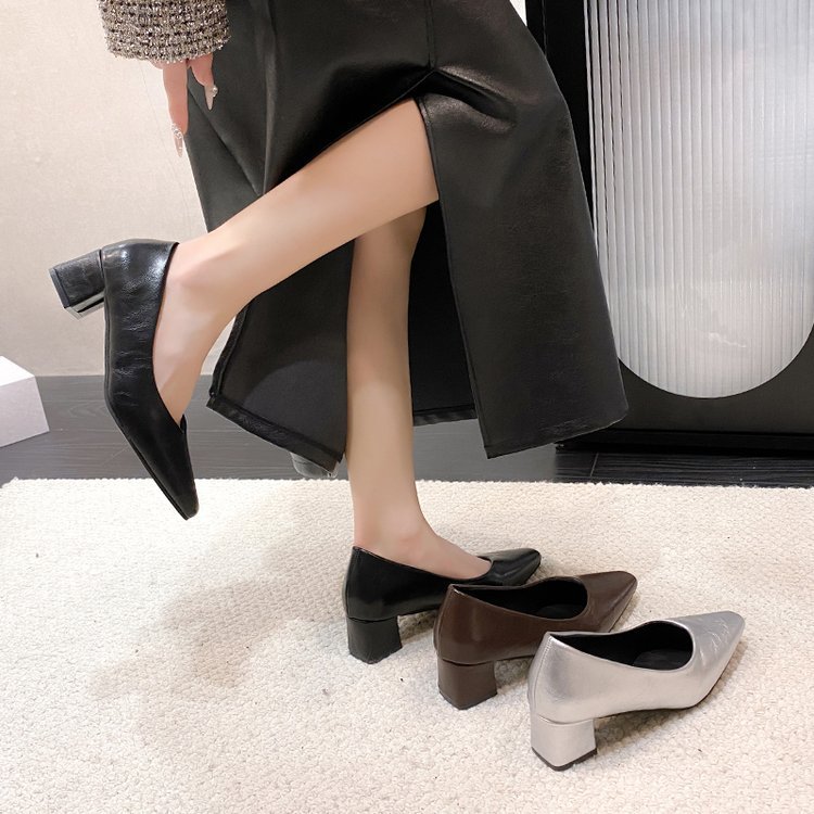 French Retro Square Toe Mid-heel Shoes Women