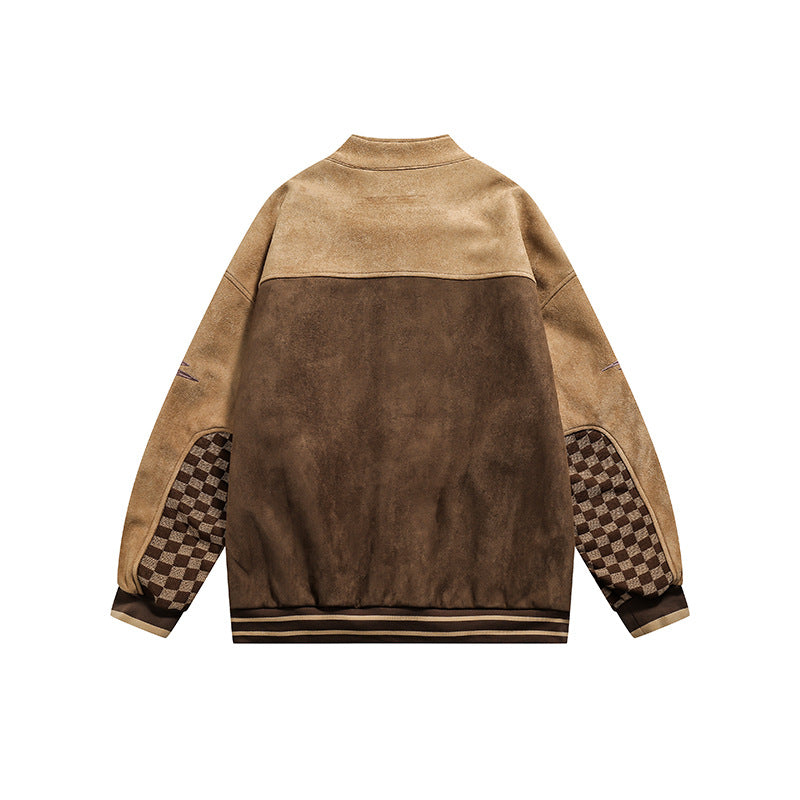 Hip-hop All-match Plaid Stitching Stand Collar Jacket Cardigan