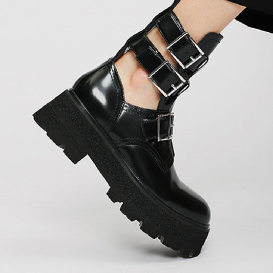 New Leather And Black Muffin Platform Hollow Boots