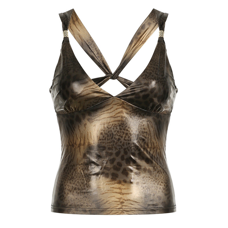 Glossy Leopard Print Contrast Color Slim V-neck Backless Spaghetti-strap Camisole Top