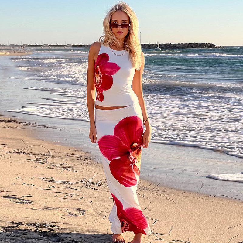 Chic Cinched-waist Floral Midi Skirt Set